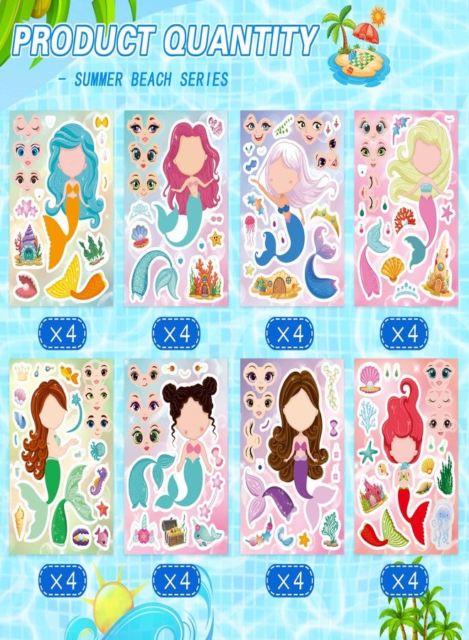 OTAITY 32 Sheets Mermaid Stickers for Kids, Make Your Own Sticker, Mermaid Make a Face Stickers for Kids Party Favors, Classroom Teacher Rewards, Art Craft Supplies - Image 2