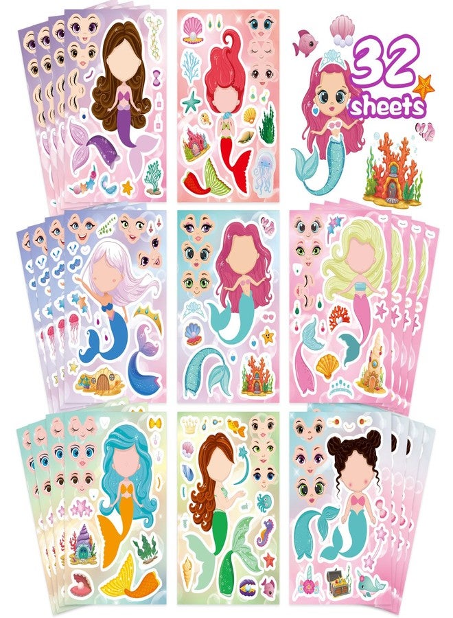 OTAITY 32 Sheets Mermaid Stickers for Kids, Make Your Own Sticker, Mermaid Make a Face Stickers for Kids Party Favors, Classroom Teacher Rewards, Art Craft Supplies - Image 1