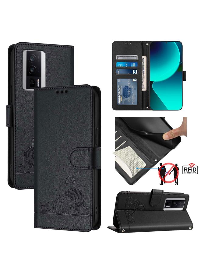 The Bros Case For Xiaomi Redmi K60 Cat Rat Embossed Pattern RFID PU Phone Case with Wrist Strap