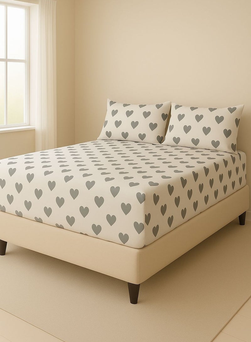 Yarlin-Bed Set (Fitted Bedsheet for 180 cm beds and 2 Small Pillowcases (Gray Heart) Design