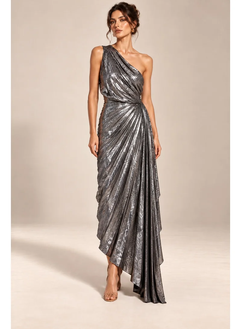 2Trendy Women's Silver Maxi Dress with One Shoulder and Metallic Pleats