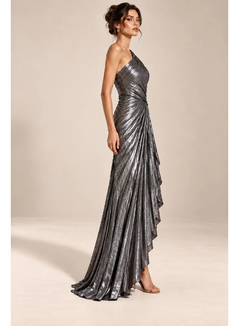 2Trendy Women's Silver Maxi Dress with One Shoulder and Metallic Pleats