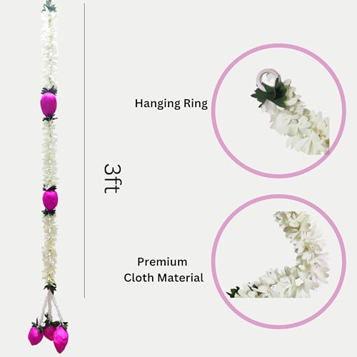 JOYNAGAR Cloth Jasmine Flowers Ladi with Lotus Latkan Chain, 3ft Long, 4 Pcs - Diwali Decoration for Home, Toran for Decoration, Garlands for Home Decor, Lotus Toran Hanging Flowers for Navratri - Image 5