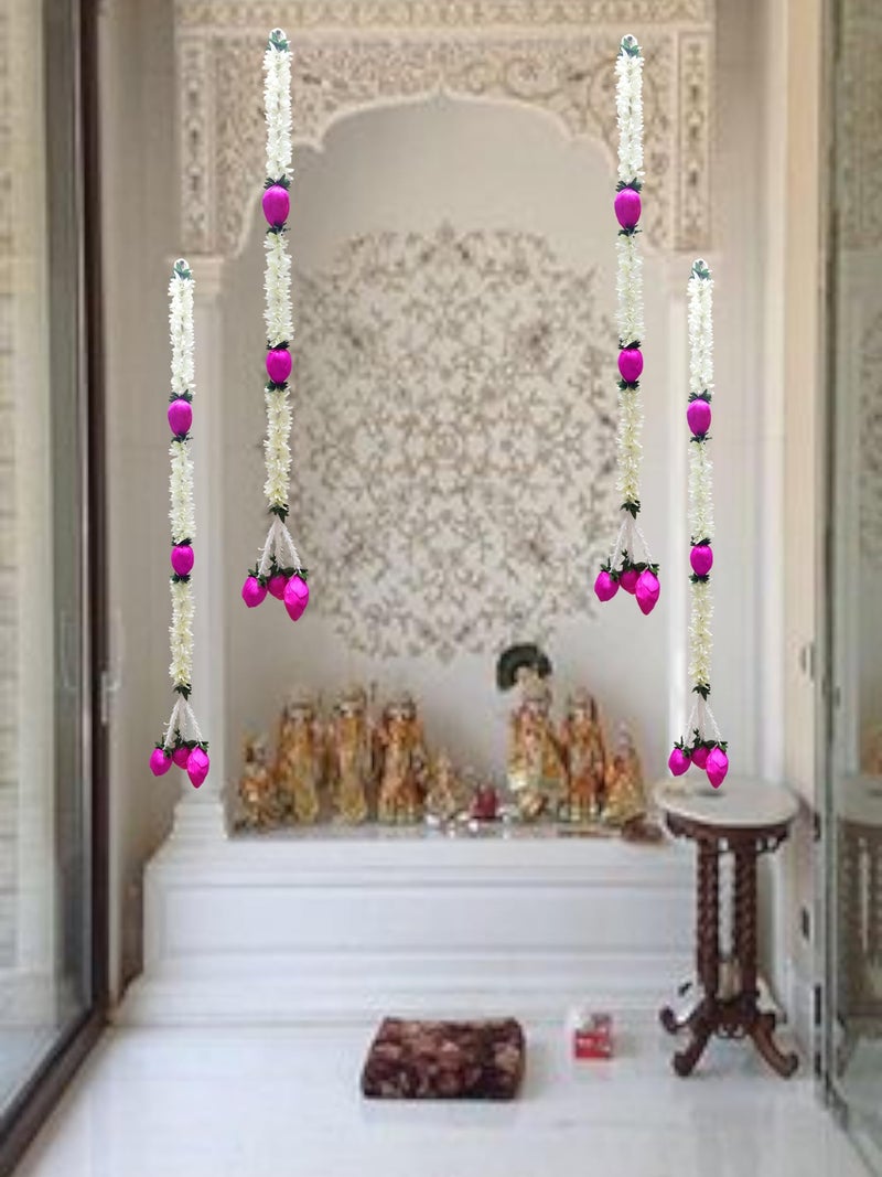 JOYNAGAR Cloth Jasmine Flowers Ladi with Lotus Latkan Chain, 3ft Long, 4 Pcs - Diwali Decoration for Home, Toran for Decoration, Garlands for Home Decor, Lotus Toran Hanging Flowers for Navratri - Image 2