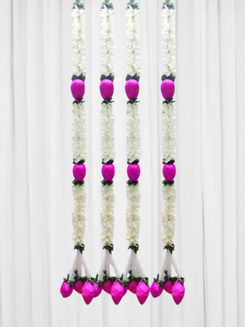 JOYNAGAR Cloth Jasmine Flowers Ladi with Lotus Latkan Chain, 3ft Long, 4 Pcs - Diwali Decoration for Home, Toran for Decoration, Garlands for Home Decor, Lotus Toran Hanging Flowers for Navratri - Image 1