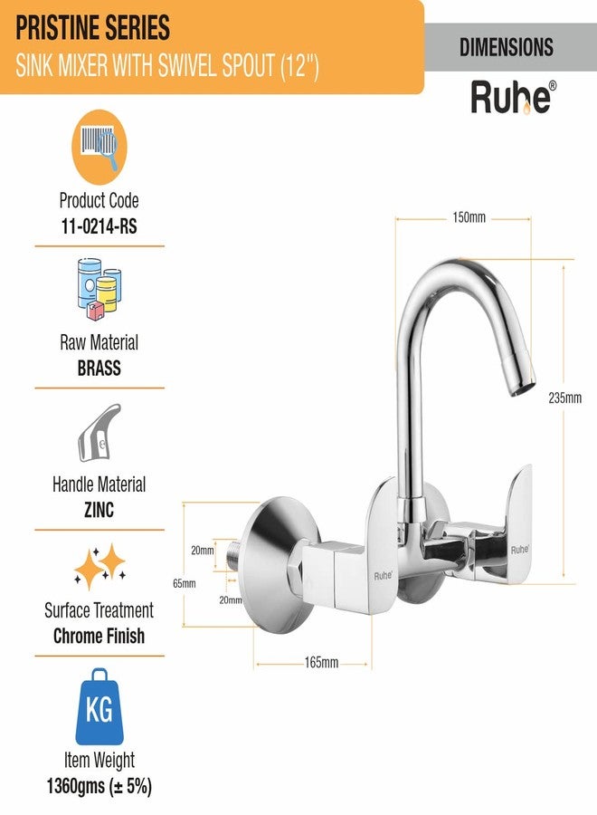 روهي صنبور حوض Ruhe® Pristine ذو ذراعين دوارين | يُثبت على الحائط | صنبور نحاسي بطول 12 بوصة بلمسة نهائية من الكروم لأحواض المطابخ والحمامات - Image 2