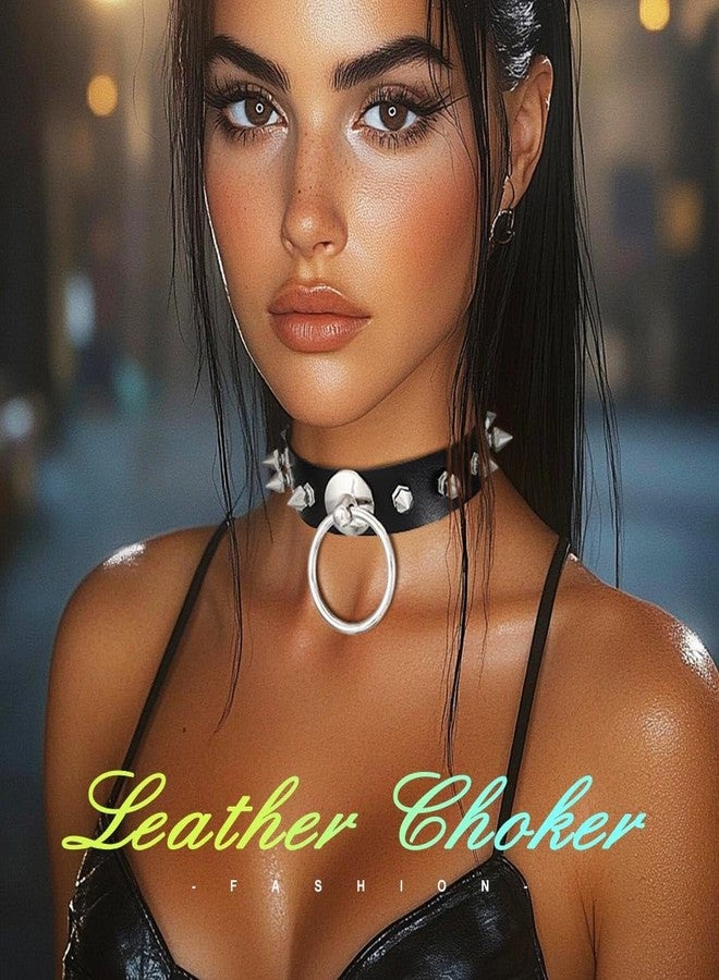 ACEDRE Spiked Leather Choker Black Studded O Ring Goth Collar for Women and Men - Image 3