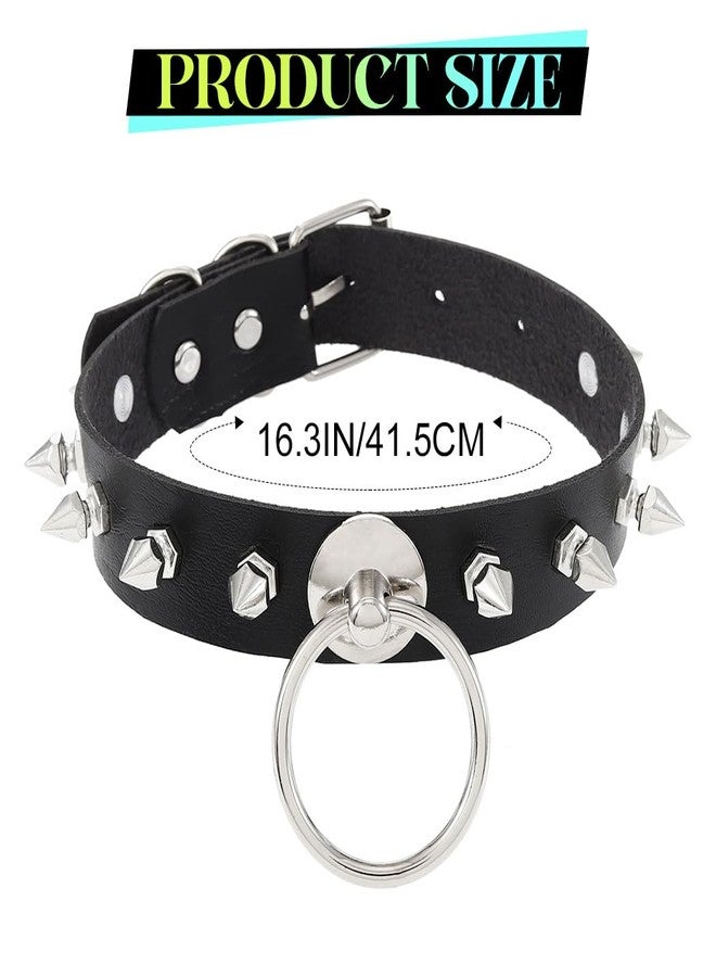 ACEDRE Spiked Leather Choker Black Studded O Ring Goth Collar for Women and Men - Image 4
