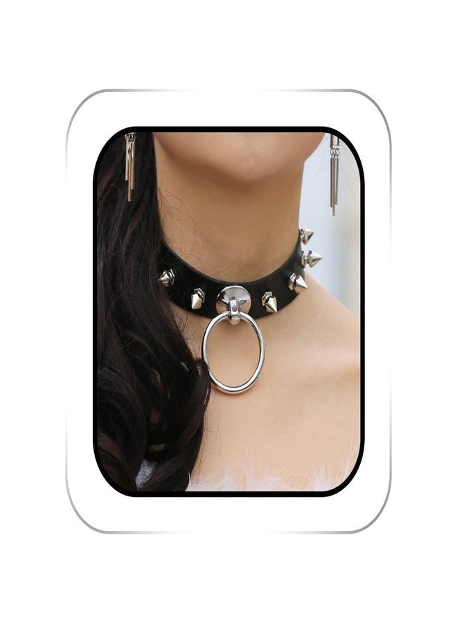 ACEDRE Spiked Leather Choker Black Studded O Ring Goth Collar for Women and Men - Image 1