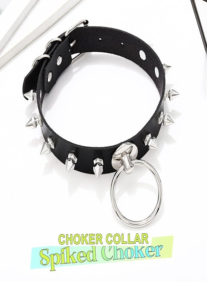 ACEDRE Spiked Leather Choker Black Studded O Ring Goth Collar for Women and Men - Image 2