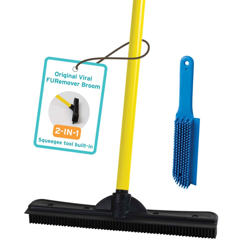 FURemover Original Pet Hair Rubber Broom with Squeegee with 58 Telescopic Handle for Carpet Tile and Hardwood and Handheld Lint Brush Combo