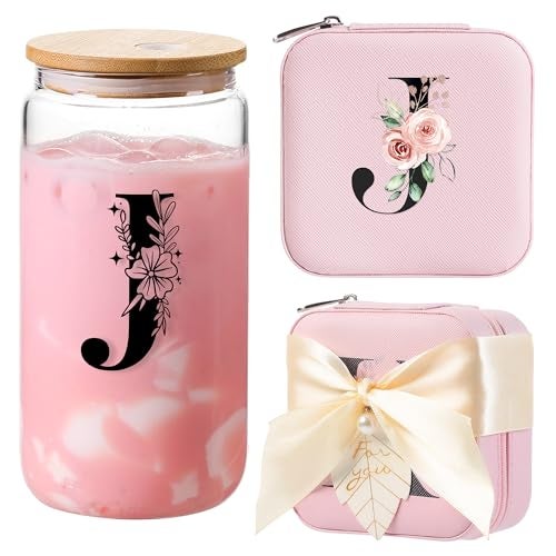 AYGXU Personalized gifts for bridesmaid,16oz glass cups with lid and straw,Jewelry Organizer,Graduation Travel Gifts for Women,Personalized Travel Mini Jewelry Case,Initial J pink - Image 1