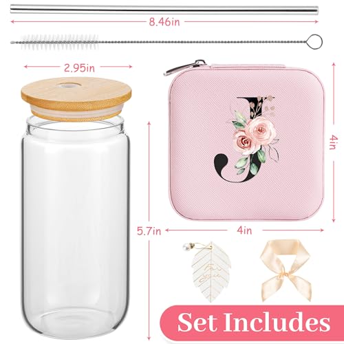 AYGXU Personalized gifts for bridesmaid,16oz glass cups with lid and straw,Jewelry Organizer,Graduation Travel Gifts for Women,Personalized Travel Mini Jewelry Case,Initial J pink - Image 2