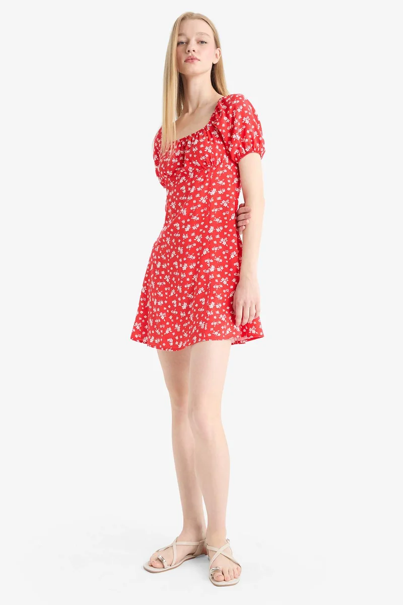 ديفاكتو Square Collar Printed Viscose Mini Dress