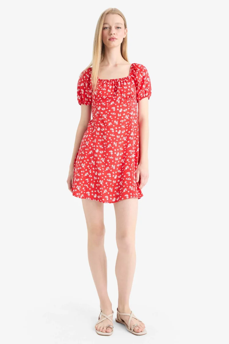 ديفاكتو Square Collar Printed Viscose Mini Dress