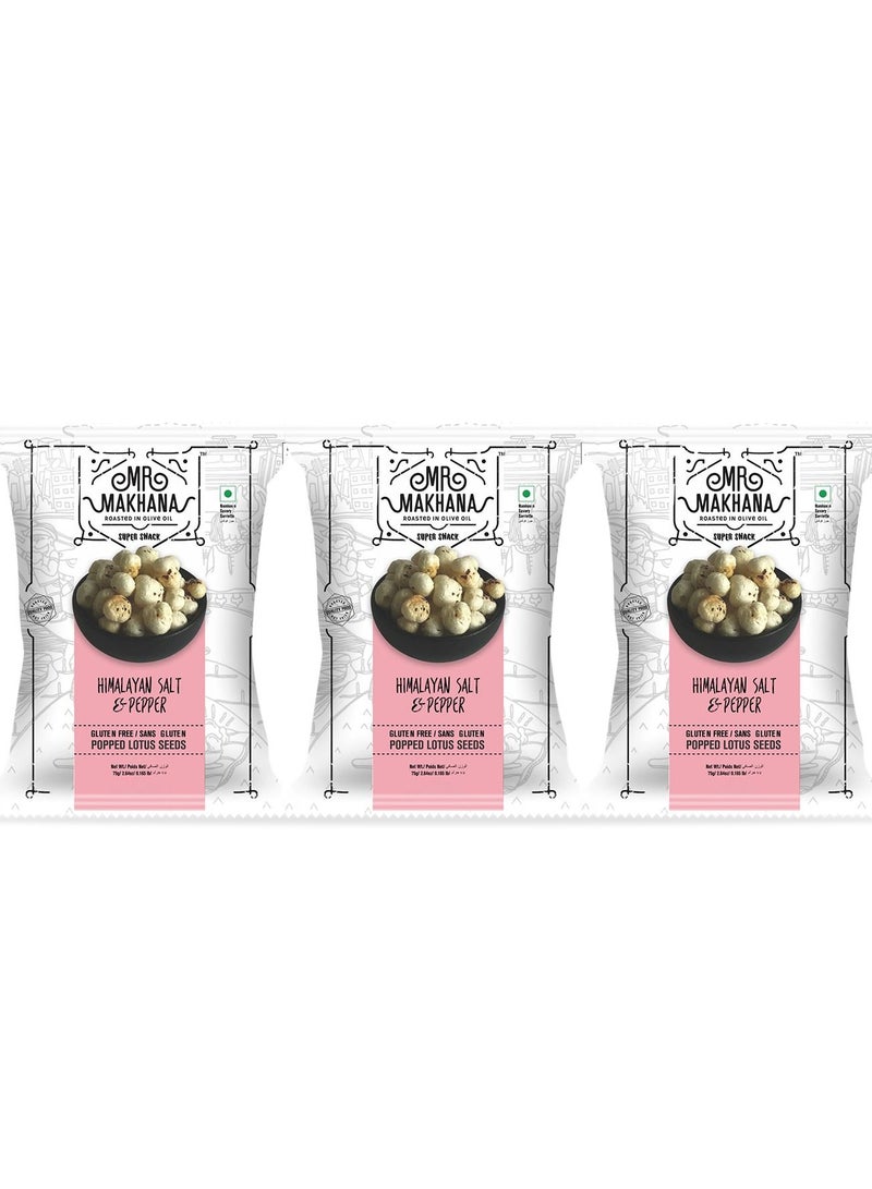 Mr Makhana Himalayan Salt and Pepper Popped Lotus Seeds 75g Gluten Free, MSG Free, Anti Oxidants, Calcuim Rich and Plant Based Pack of 3  - Image 1