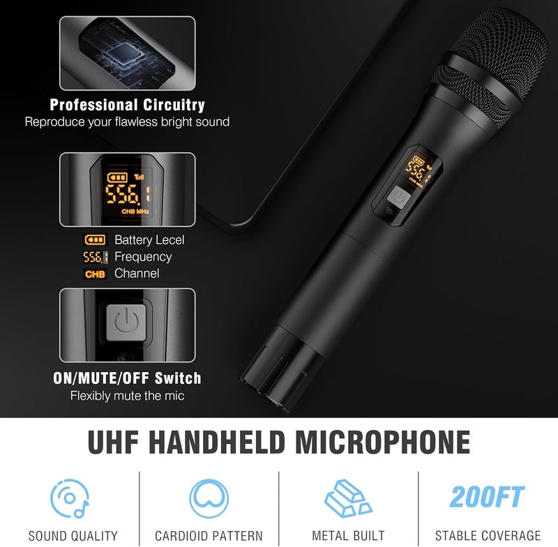 voijump Wireless Microphone System, Metal Dual UHF Cordless Mics Handheld Microphone, Professional Wireless Mic Set for Karaoke, Party, Church, Wedding, DJ, Home KTV Set, 200ft - Image 2
