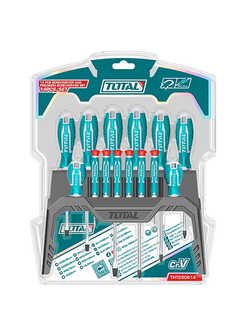 TOTAL 14-Piece Professional Screwdriver Set - 8 Industrial & 6 Precision Drivers (CR-V Steel) with Ergonomic Handles & Organizer Rack - THT250614 - Image 5