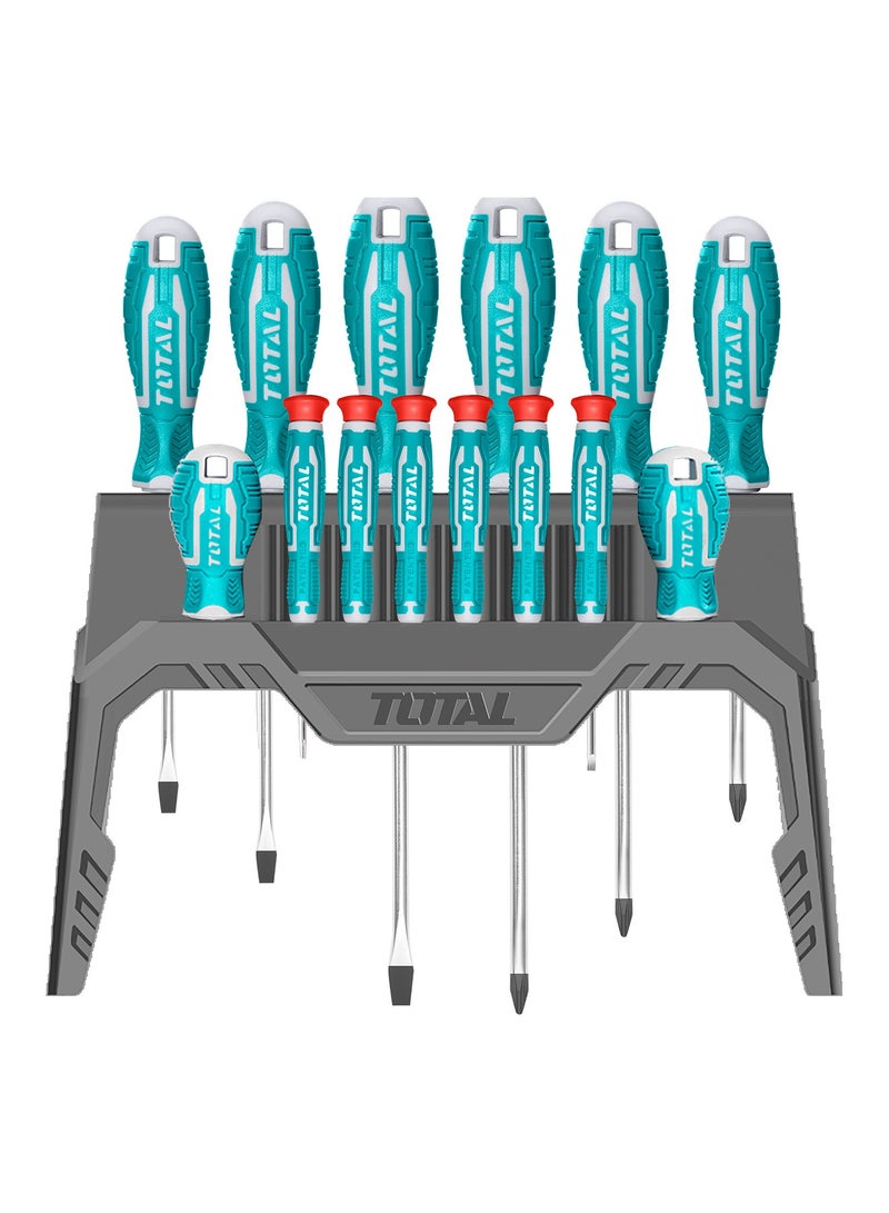 TOTAL 14-Piece Professional Screwdriver Set - 8 Industrial & 6 Precision Drivers (CR-V Steel) with Ergonomic Handles & Organizer Rack - THT250614 - Image 1