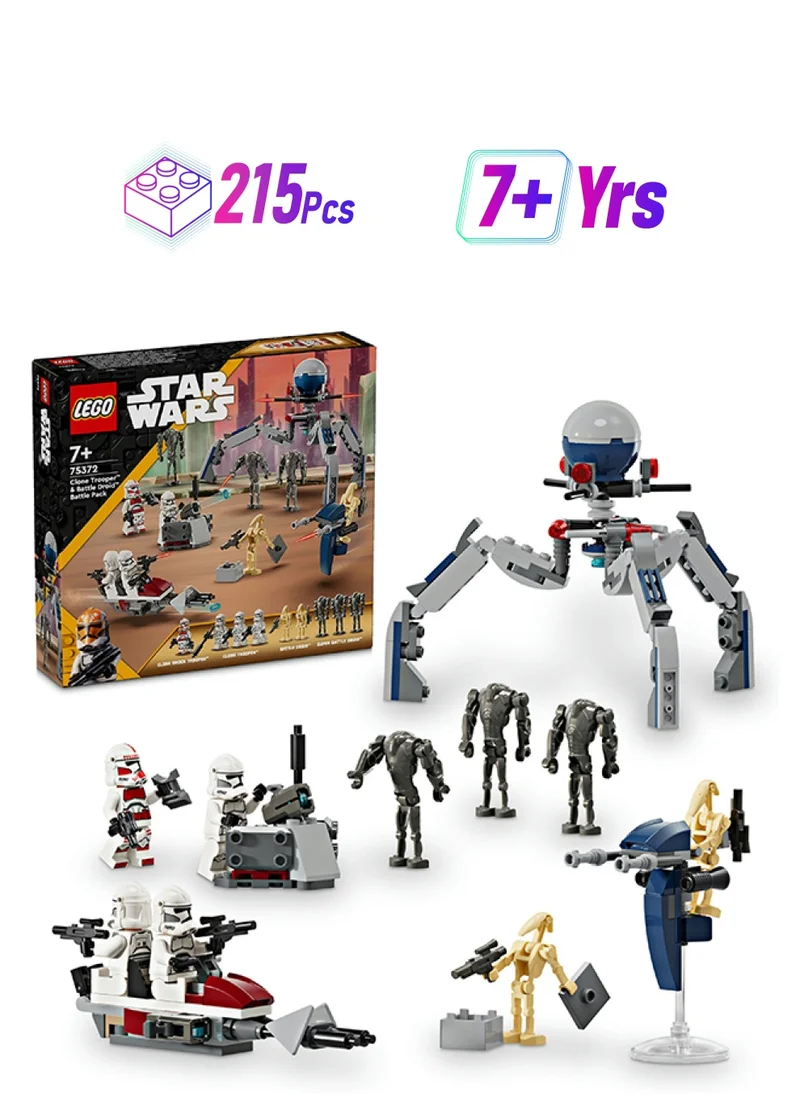 ليغو مجموعة حزمة معركة الجندي المستنسخ والروبوت المحارب للأطفال من ليغو Star Wars‎، روبوت ثلاثي القوائم ومركز دفاعي ولعبة الدراجة السريعة للصبيان والبنات بعمر 7 سنوات أو أكثر، هدية حرب النجوم للأطفال 75372 (215 قطعة)