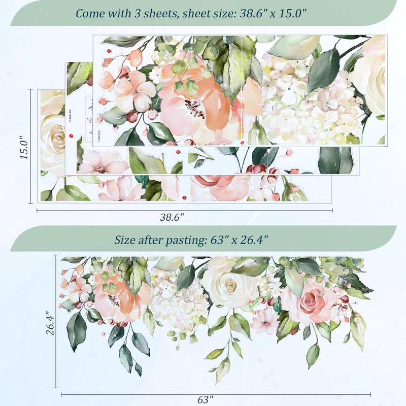 VePret Flowers Leaves Wall Decals Peel and Stick, Large Floral Flowers Wall Stickers, Removable Vine Home Decor Art for Bedroom Living Room Classroom Office - Image 2