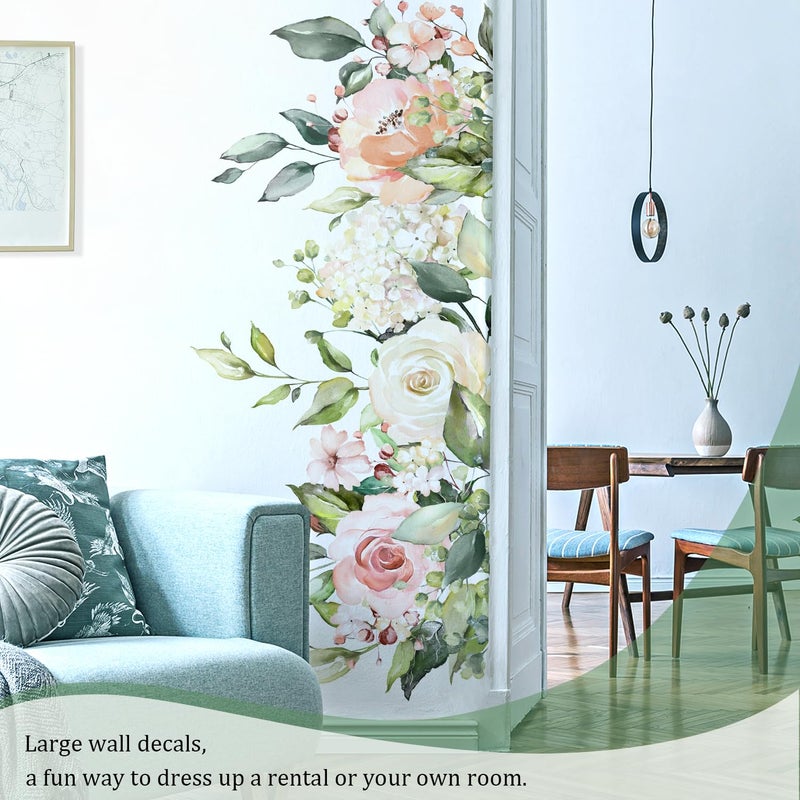 VePret Flowers Leaves Wall Decals Peel and Stick, Large Floral Flowers Wall Stickers, Removable Vine Home Decor Art for Bedroom Living Room Classroom Office - Image 4