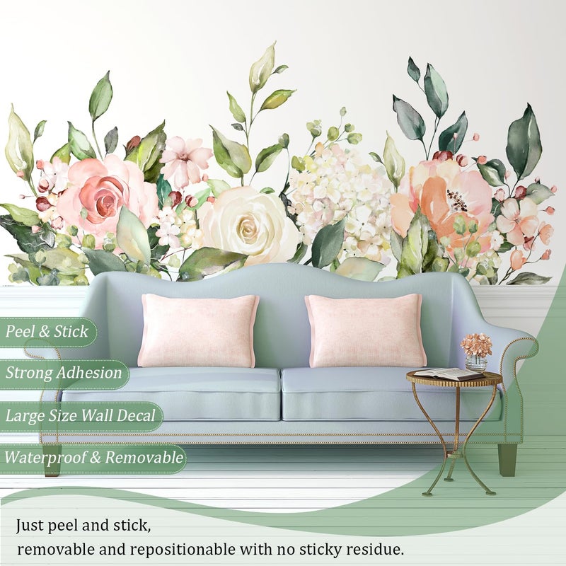 VePret Flowers Leaves Wall Decals Peel and Stick, Large Floral Flowers Wall Stickers, Removable Vine Home Decor Art for Bedroom Living Room Classroom Office - Image 3