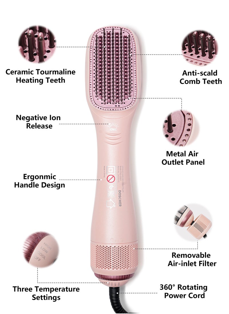 DOSCHER - Hair Dryer Brush Ceramic Dryer,Styler and Straightener 1200W Pink/Rose Gold - Image 1