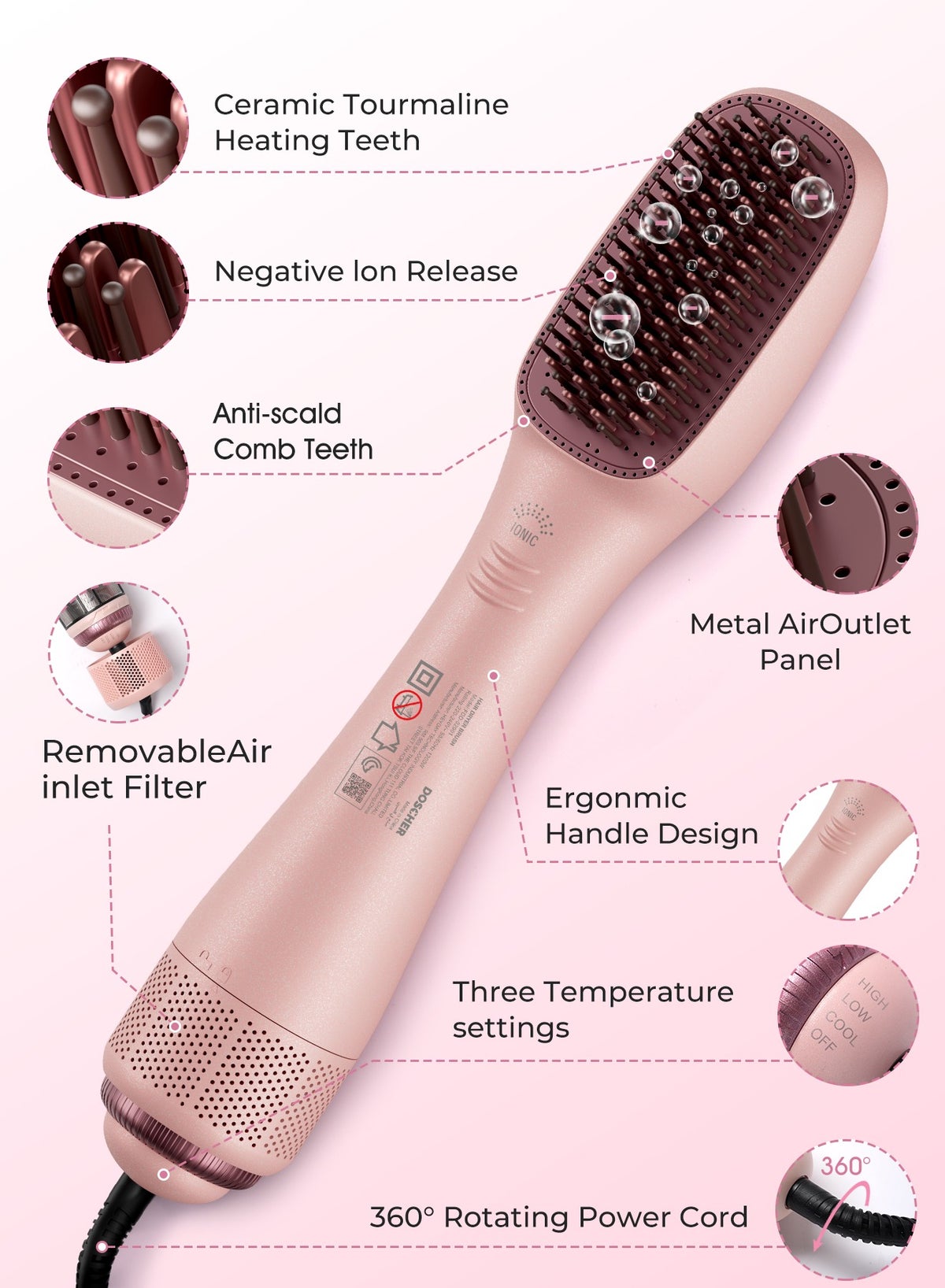 DOSCHER 3-in-1 Hair Dryer Brush & Styler - Pink