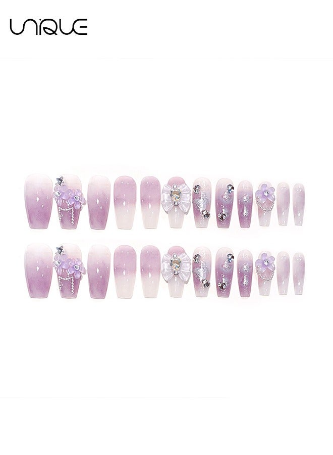 Unique 24Pcs Fake Nails, Press Nails, Mid-length Ballet Manicure - Gradient Purple Diamond-encrusted Manicure - Three-dimensional Purple Flower Manicure - Fake Nail Patch - Image 5
