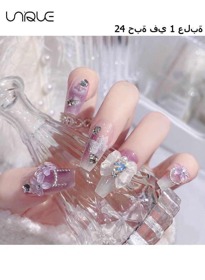 Unique 24Pcs Fake Nails, Press Nails, Mid-length Ballet Manicure - Gradient Purple Diamond-encrusted Manicure - Three-dimensional Purple Flower Manicure - Fake Nail Patch - Image 1