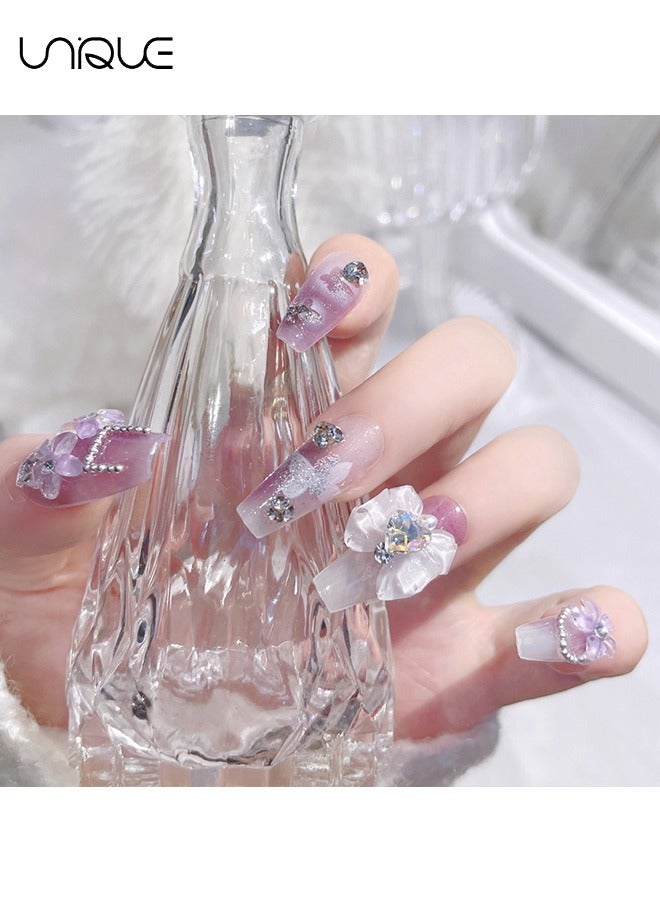Unique 24Pcs Fake Nails, Press Nails, Mid-length Ballet Manicure - Gradient Purple Diamond-encrusted Manicure - Three-dimensional Purple Flower Manicure - Fake Nail Patch - Image 4