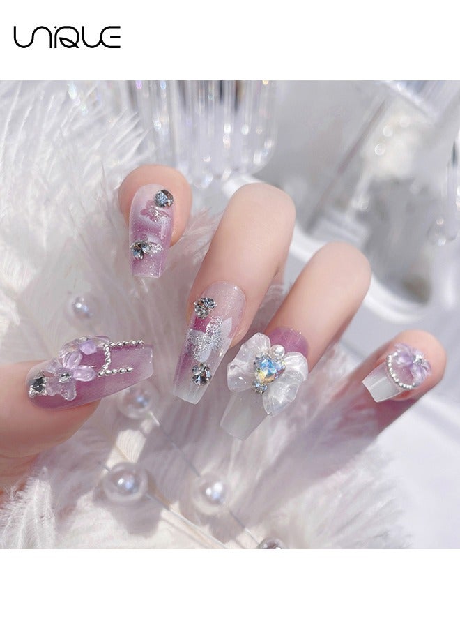 Unique 24Pcs Fake Nails, Press Nails, Mid-length Ballet Manicure - Gradient Purple Diamond-encrusted Manicure - Three-dimensional Purple Flower Manicure - Fake Nail Patch - Image 3