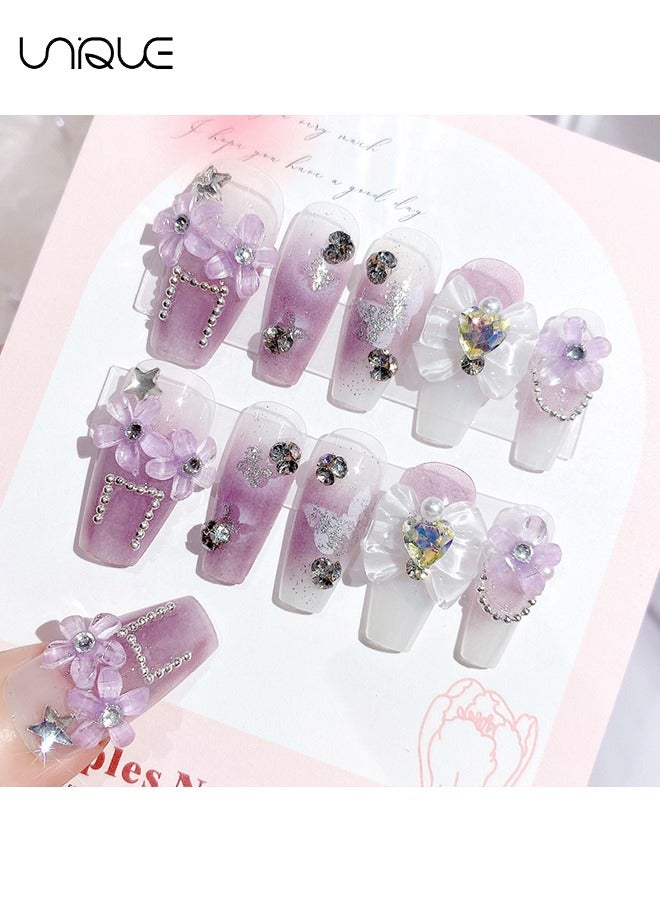 Unique 24Pcs Fake Nails, Press Nails, Mid-length Ballet Manicure - Gradient Purple Diamond-encrusted Manicure - Three-dimensional Purple Flower Manicure - Fake Nail Patch - Image 2