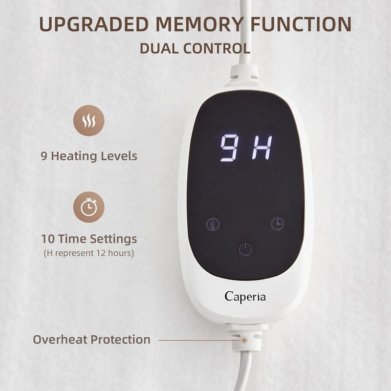 Caperia وسادة مرتبة كهربائية مدفأة بحجم كينغ مع جهاز تحكم مزدوج، دافئة للسرير، 9 إعدادات حرارة، إيقاف تلقائي من 1-12 ساعة، وظيفة الذاكرة، جيب عميق، تسخين سريع، قابلة للغسل في الغسالة، كينغ 78" * 80" - Image 3