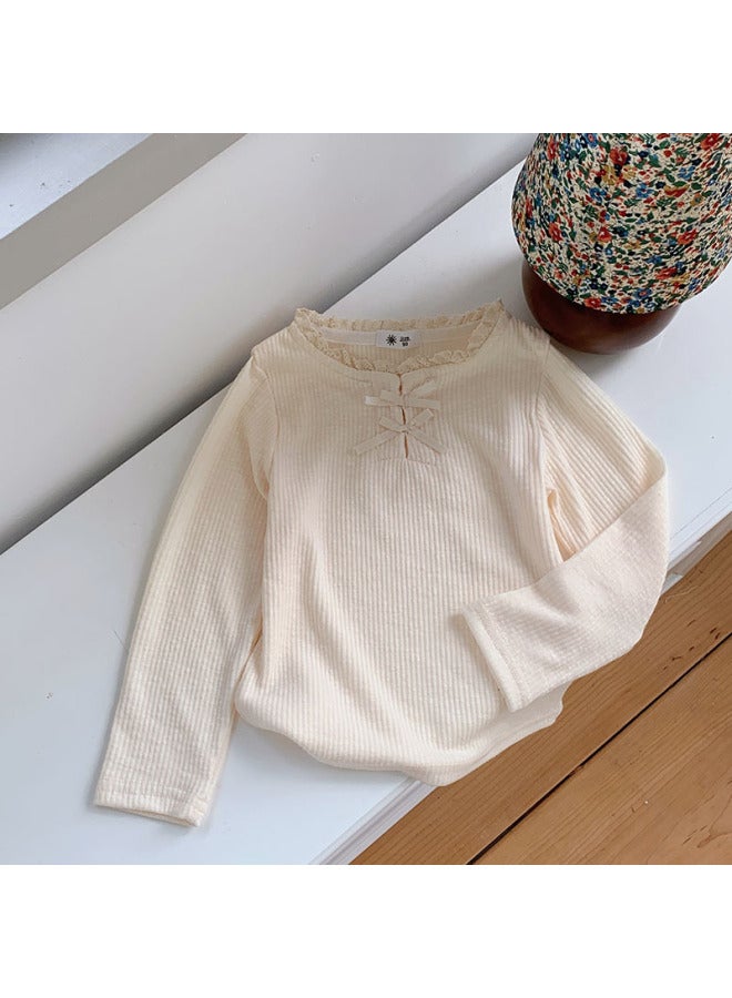 Girls T-shirt Spring And Autumn Baby Girl Net Bow Sweet Top Little Girl Lace Collar Korean Style Bottoming Shirt