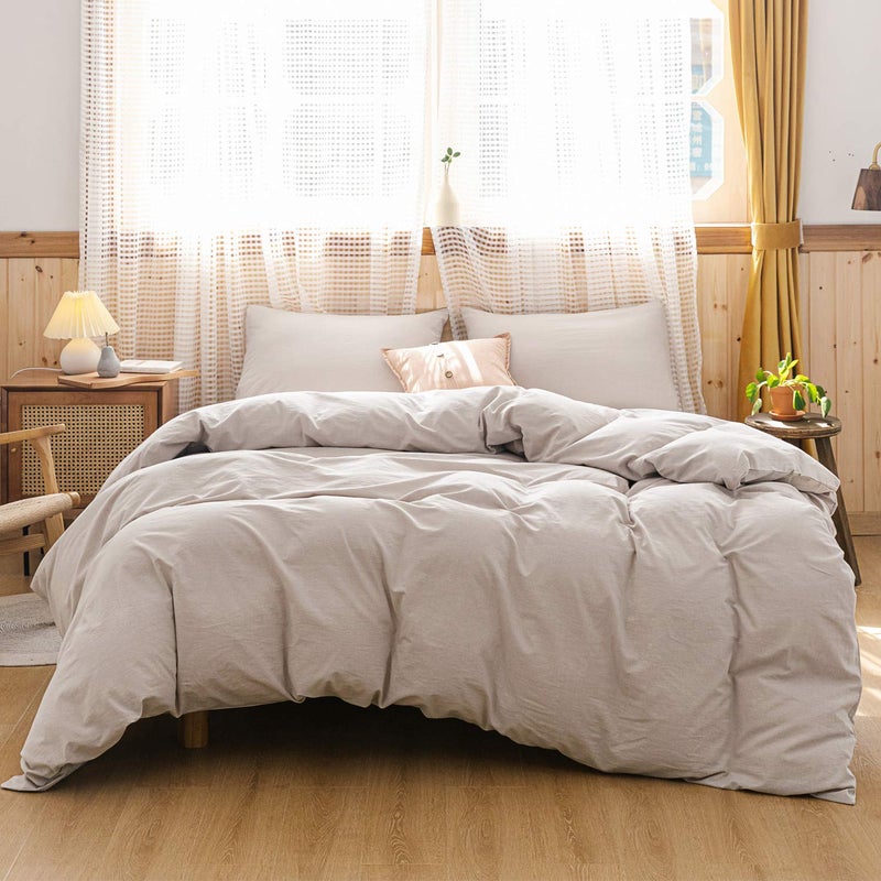 ECOCOTT Beige Duvet Cover Queen Size, 100% Washed Cotton 1 Duvet Cover with Zipper and 2 Pillowcases, Ultra Soft and Easy Care Breathable Cozy Simple Style Bedding Set(Queen, Beige) - Image 1