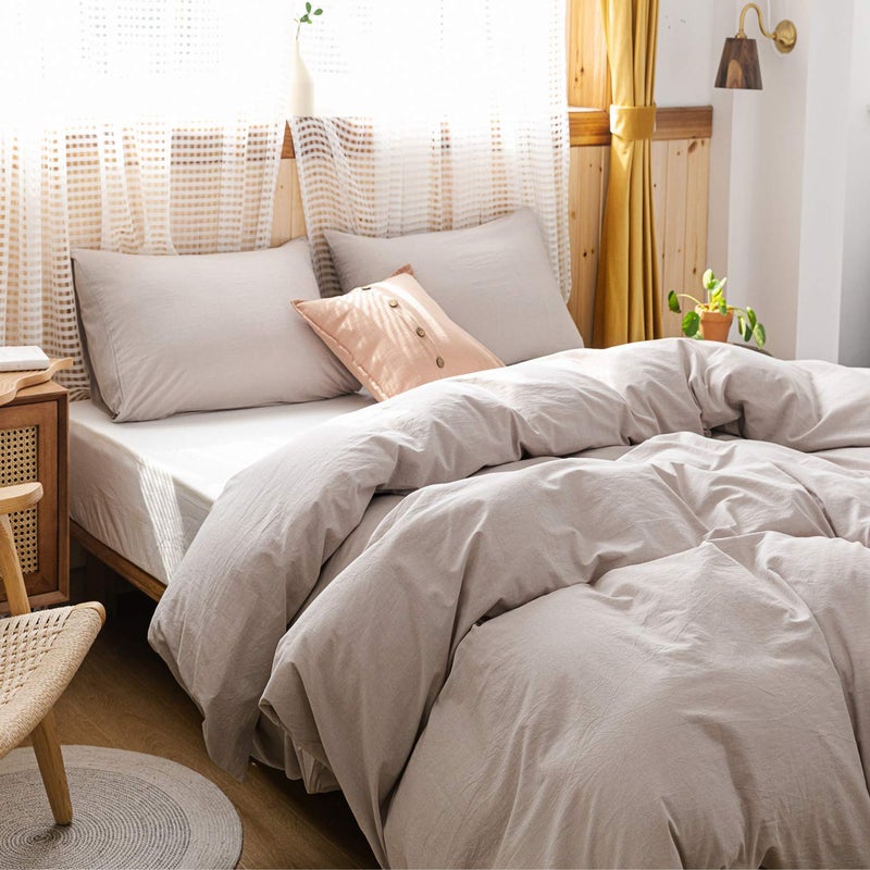 ECOCOTT Beige Duvet Cover Queen Size, 100% Washed Cotton 1 Duvet Cover with Zipper and 2 Pillowcases, Ultra Soft and Easy Care Breathable Cozy Simple Style Bedding Set(Queen, Beige) - Image 2