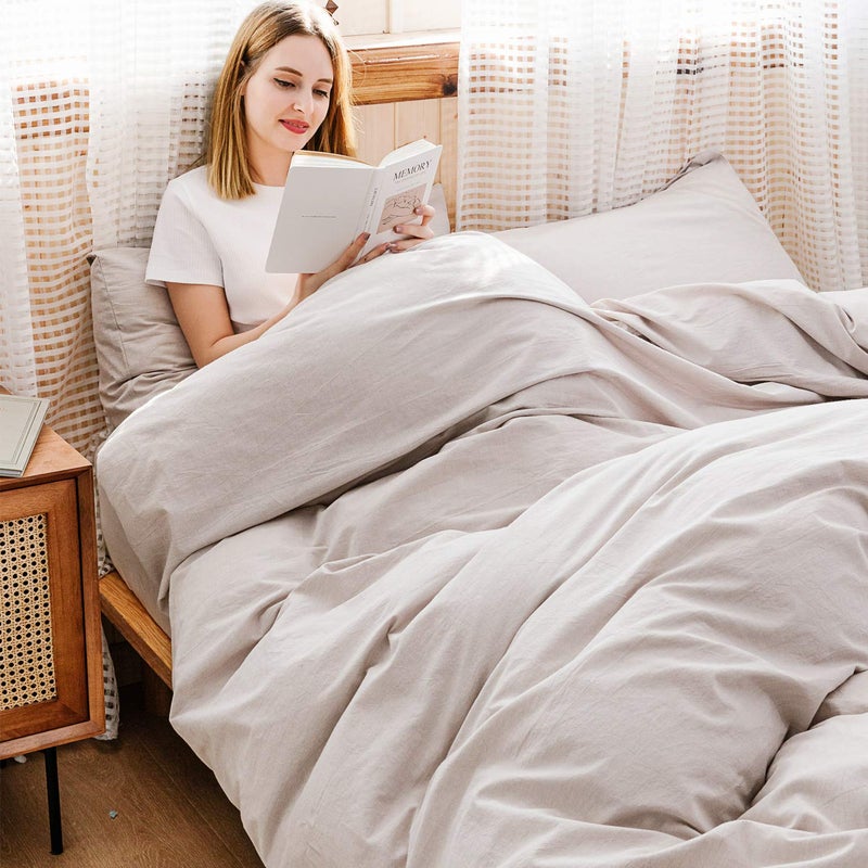 ECOCOTT Beige Duvet Cover Queen Size, 100% Washed Cotton 1 Duvet Cover with Zipper and 2 Pillowcases, Ultra Soft and Easy Care Breathable Cozy Simple Style Bedding Set(Queen, Beige) - Image 3