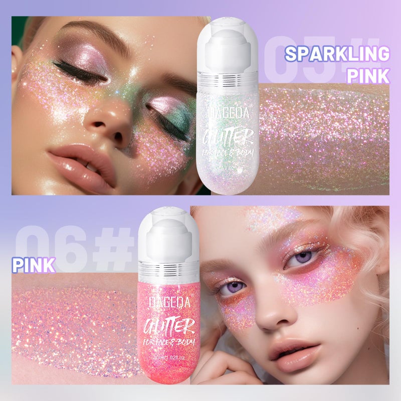 DAGEDA 2Colors Roll-on Body Glitter Gel for Body, Hair, Face, Holographic Glitter Makeup for Rave Accessories, Body Shimmer Hair Glitter Gel for Halloween Makeup(Sparkling Pink+Pink) - Image 2