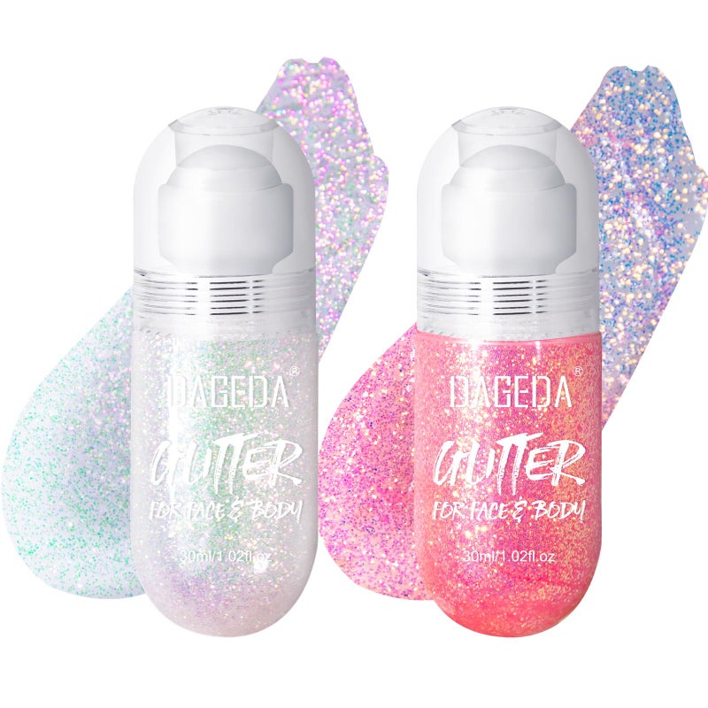 DAGEDA 2Colors Roll-on Body Glitter Gel for Body, Hair, Face, Holographic Glitter Makeup for Rave Accessories, Body Shimmer Hair Glitter Gel for Halloween Makeup(Sparkling Pink+Pink) - Image 1