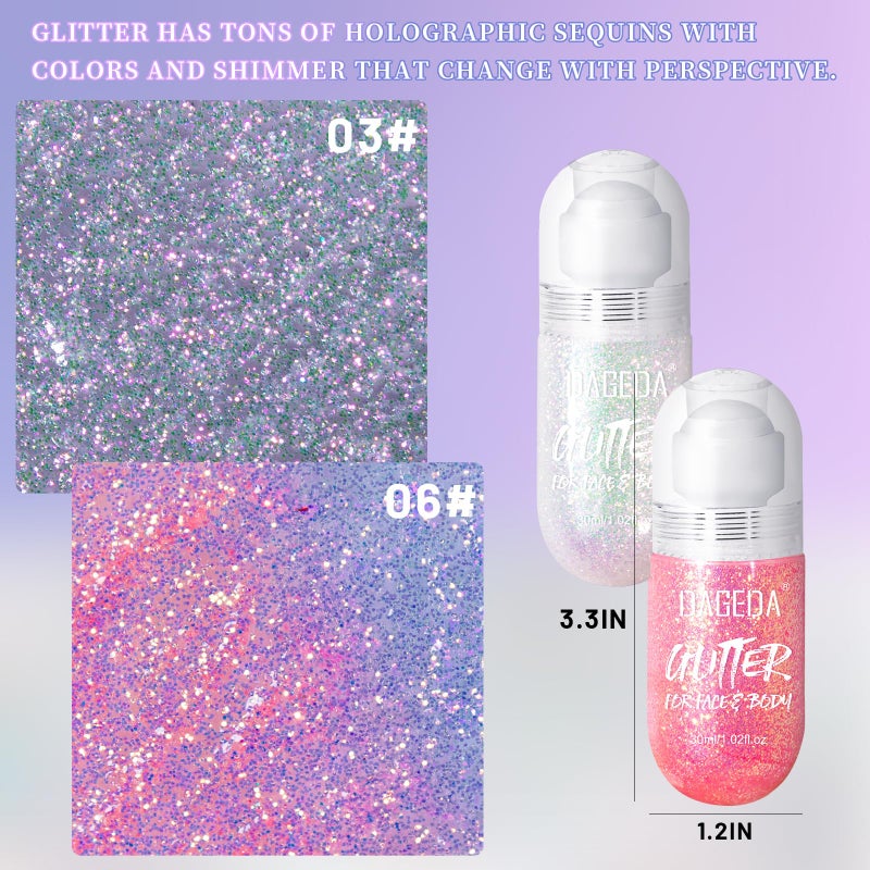 DAGEDA 2Colors Roll-on Body Glitter Gel for Body, Hair, Face, Holographic Glitter Makeup for Rave Accessories, Body Shimmer Hair Glitter Gel for Halloween Makeup(Sparkling Pink+Pink) - Image 3