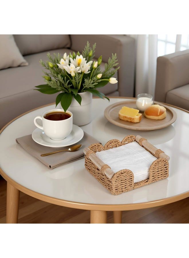 CubesLand Scalloped Napkin Holder for Table, Farmhouse Warming Home Kitchen Decor, Paper Rope Flat Napkin Dispenser Guest Towel Tray for Bathroom, Disposable Napkin Basket for Dining Table, Neutral - Image 3