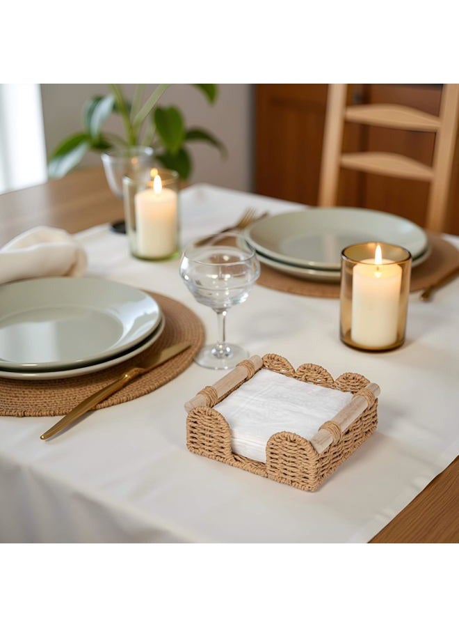 CubesLand Scalloped Napkin Holder for Table, Farmhouse Warming Home Kitchen Decor, Paper Rope Flat Napkin Dispenser Guest Towel Tray for Bathroom, Disposable Napkin Basket for Dining Table, Neutral - Image 2