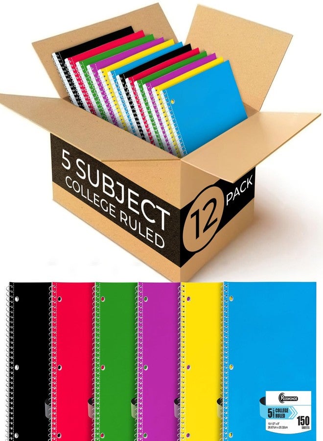 Rosmonde Spiral Notebook 12 Pack, 5 Subject, 300 Pages/Book (150 Sheets), College Ruled, 8 x 10-1/2, School & Office Bulk Spiral Notebooks, Spiral Journal for College, Soft Cover, Assorted Colors - Image 1