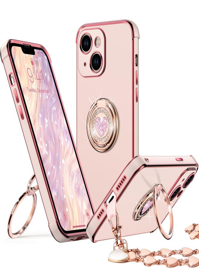 XYZ جراب XYZ لهاتف iPhone 13 مع حامل، جراب هاتف مزود بحلقة مزدوجة قابلة للطي، جراب فاخر مرصع بالكريستال على شكل قلب لحماية هاتف iPhone 13 للنساء والفتيات، لون وردي - Image 1