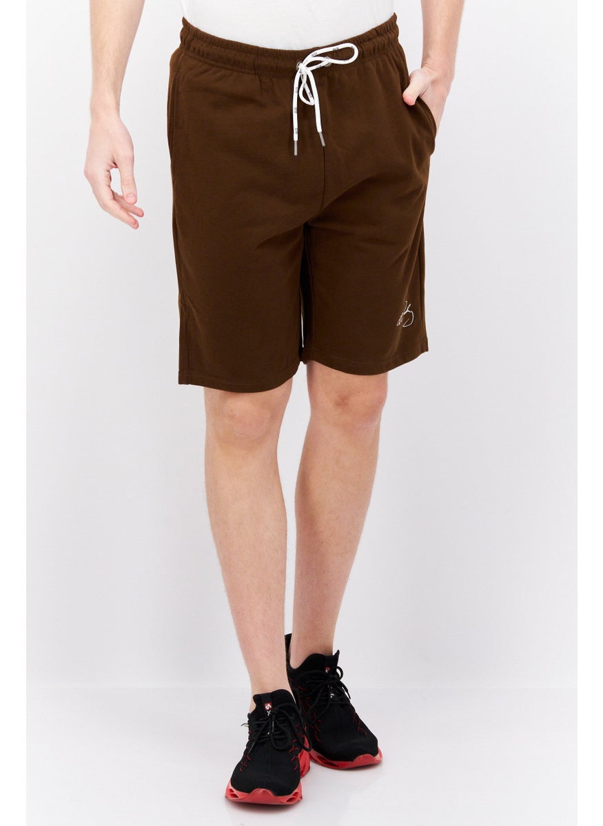 ELVIS Men Embroidered Basic Shorts, Brown  - Image 1