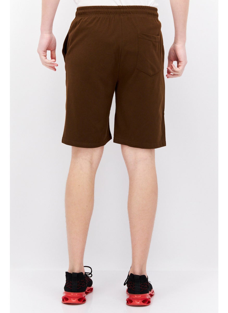 ELVIS Men Embroidered Basic Shorts, Brown  - Image 3