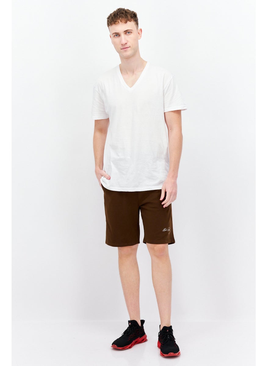 ELVIS Men Embroidered Basic Shorts, Brown  - Image 4