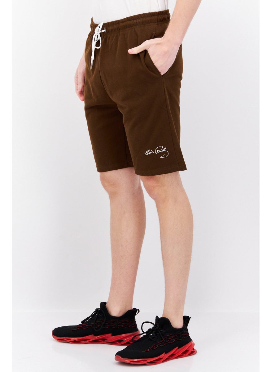 ELVIS Men Embroidered Basic Shorts, Brown  - Image 2